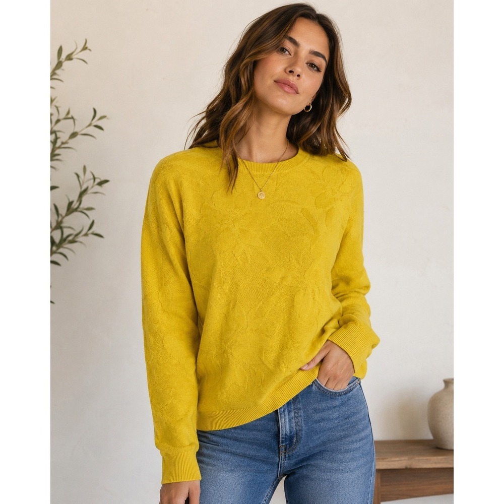 Soft Surroundings Sweater Womens Large Yellow Textured Floral Crew Neck